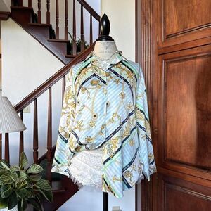 Victorias Secret Nautical Beachy Satin Button Up Pajama Shirt Blouse Blue Gold